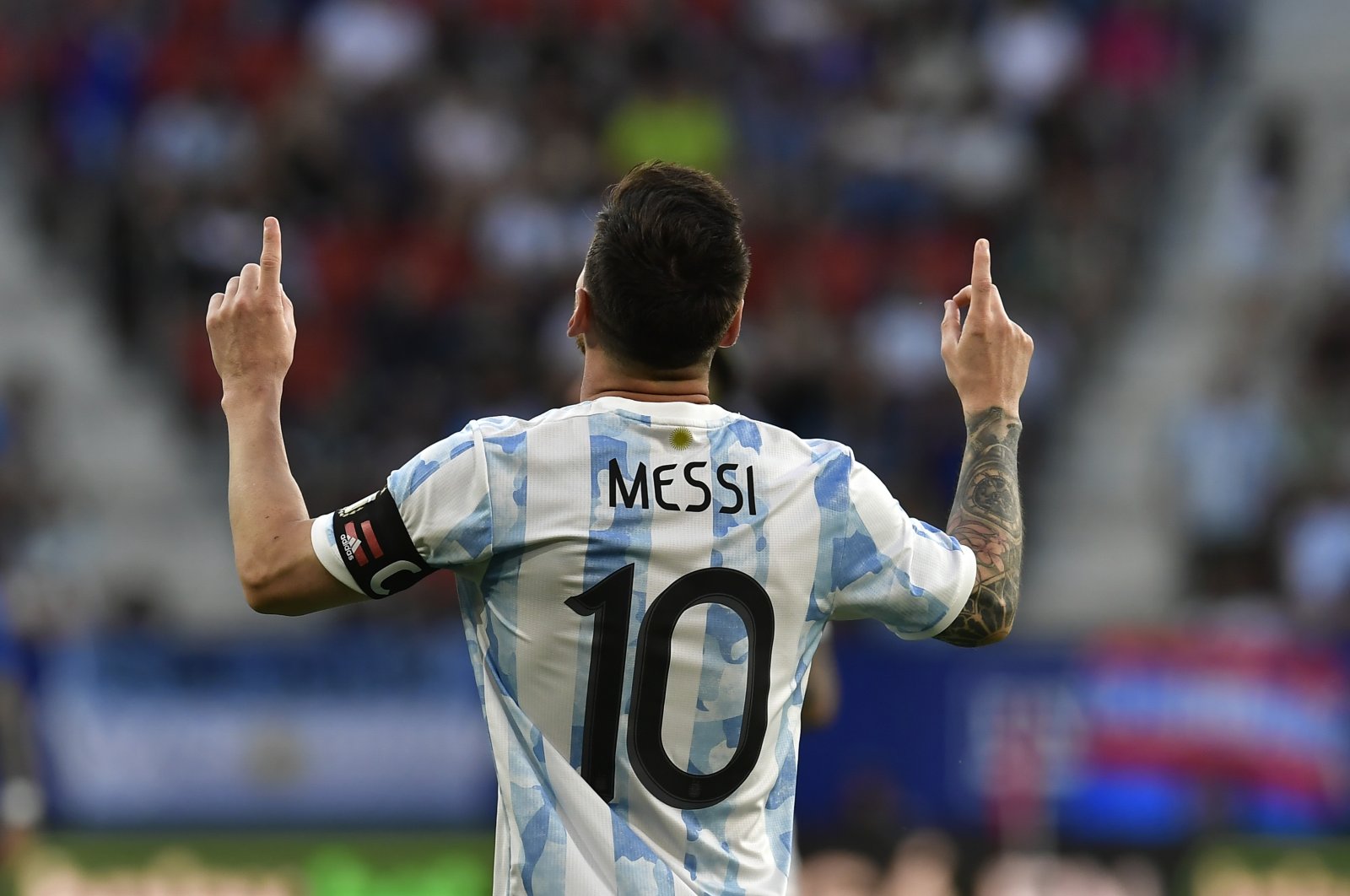 Argentina&#039;s Lionel Messi celebrates scoring against Estonia in a friendly match, Pamplona, northern Spain, June 5, 2022. (AP Photo)
