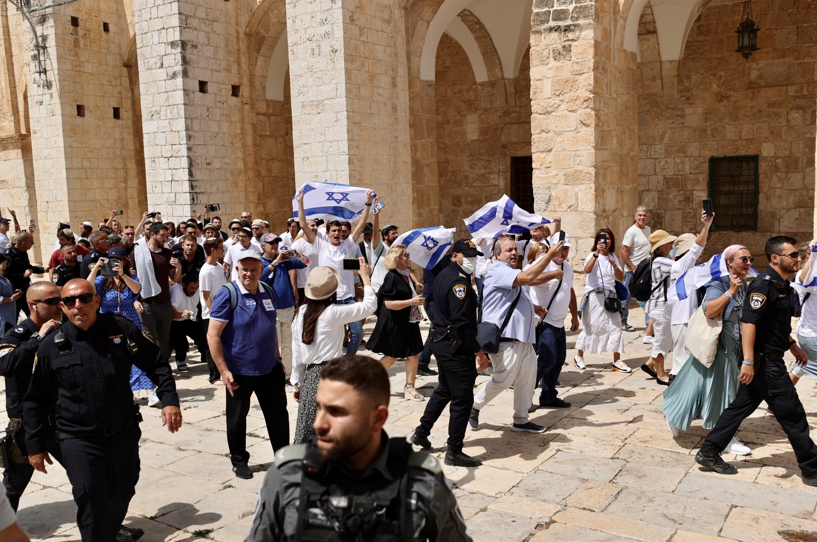 Hundreds of fanatical Israelis accompanied by Israeli police raid Al-Aqsa Mosque on &quot;flag parade&quot; day, occupied East Jerusalem, Palestine, May 29, 2022. (AA Photo)