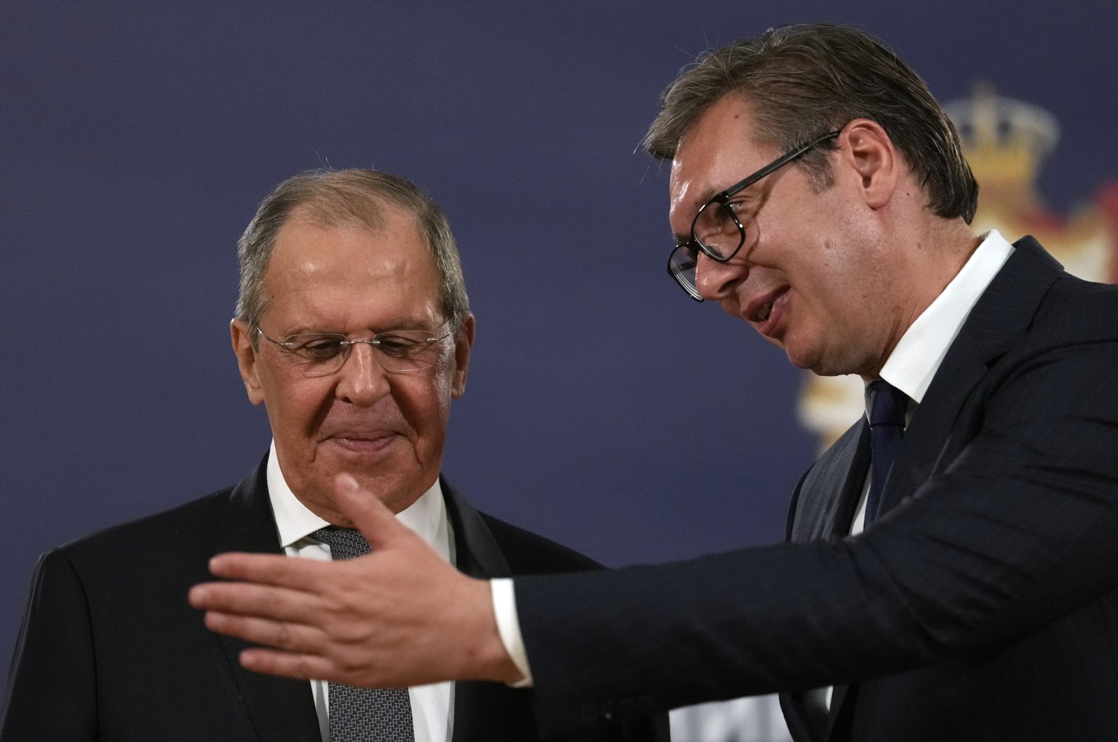Russian Foreign Minister Sergey Lavrov (L) speaks with Serbia&#039;s President Aleksandar Vucic after a press conference in Belgrade, Serbia, Oct. 10, 2021. (AP Photo)