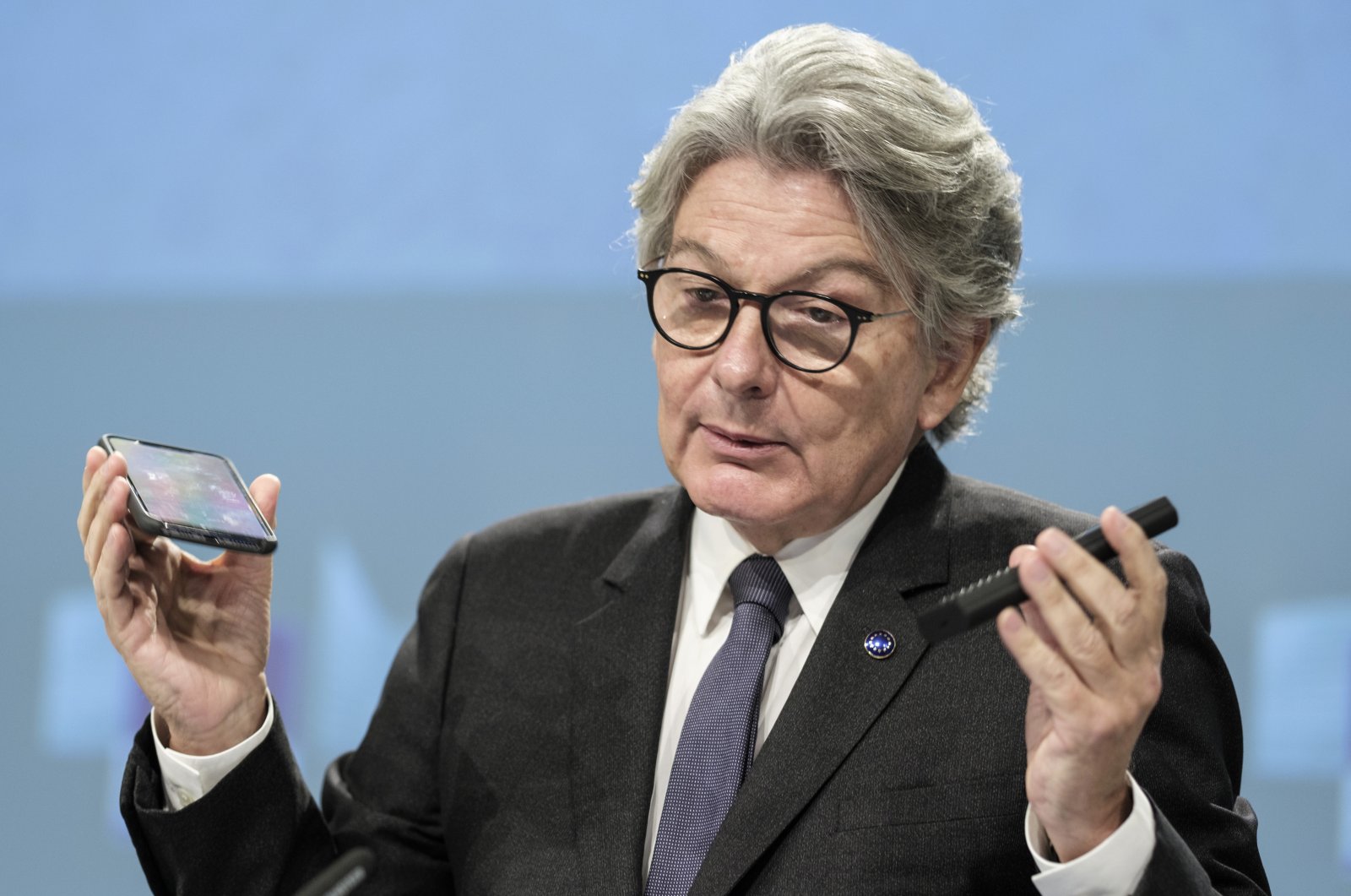 European Internal Market Commissioner Thierry Breton speaks during a media conference on a common charging solution for mobile phones at the EU headquarters in Brussels, Belgium, Sept. 23, 2021. (AP Photo)
