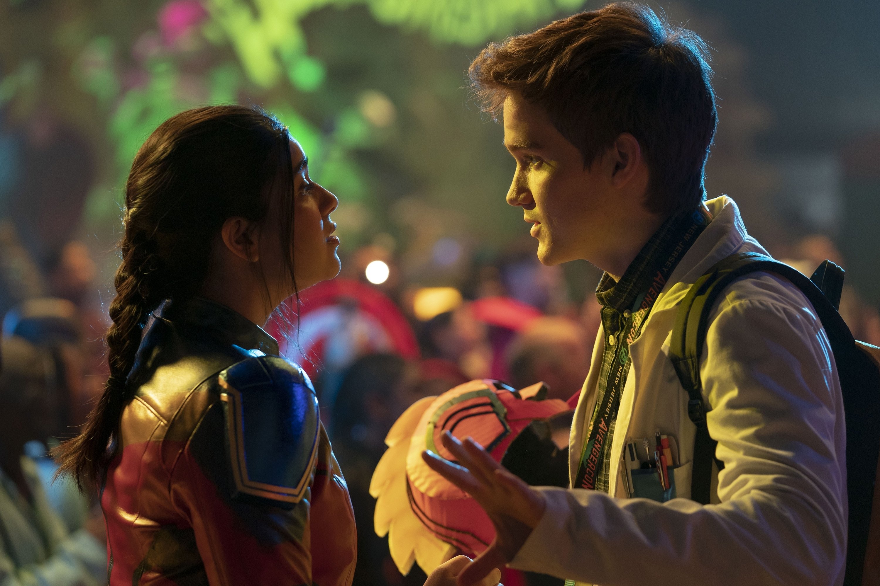 This image released by Disney shows Matthew Lintz, (R), and Iman Vellani in a scene from the series 