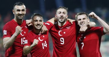 Turkish players celebrate a goal in a UEFA Nations League match against Lithuania, Vilnius, Lithuania, June 7, 2022. (AP Photo)