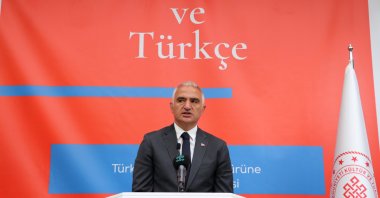 Minister of Culture and Tourism Mehmet Nuri Ersoy speaking at "The Converging Effect of Turkish TV Series on Turkish and Turkish Culture" event organized by Yunus Emre Institute (YEE), Ankara, Turkey, June 8, 2022. (AA Photo)