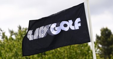 The LIV Golf logo on a flag during the LIV Golf Invitational Series, St. Albans, England, June 8, 2022. (EPA Photo)