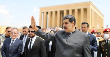 Venezuelan President Nicolas Maduro waves after a visit to Anıtkabir, the mausoleum of Mustafa Kemal Atatürk, founder of modern Turkey, as part of a two-day official visit, in Ankara, Turkey, June 8, 2022. (Reuters)