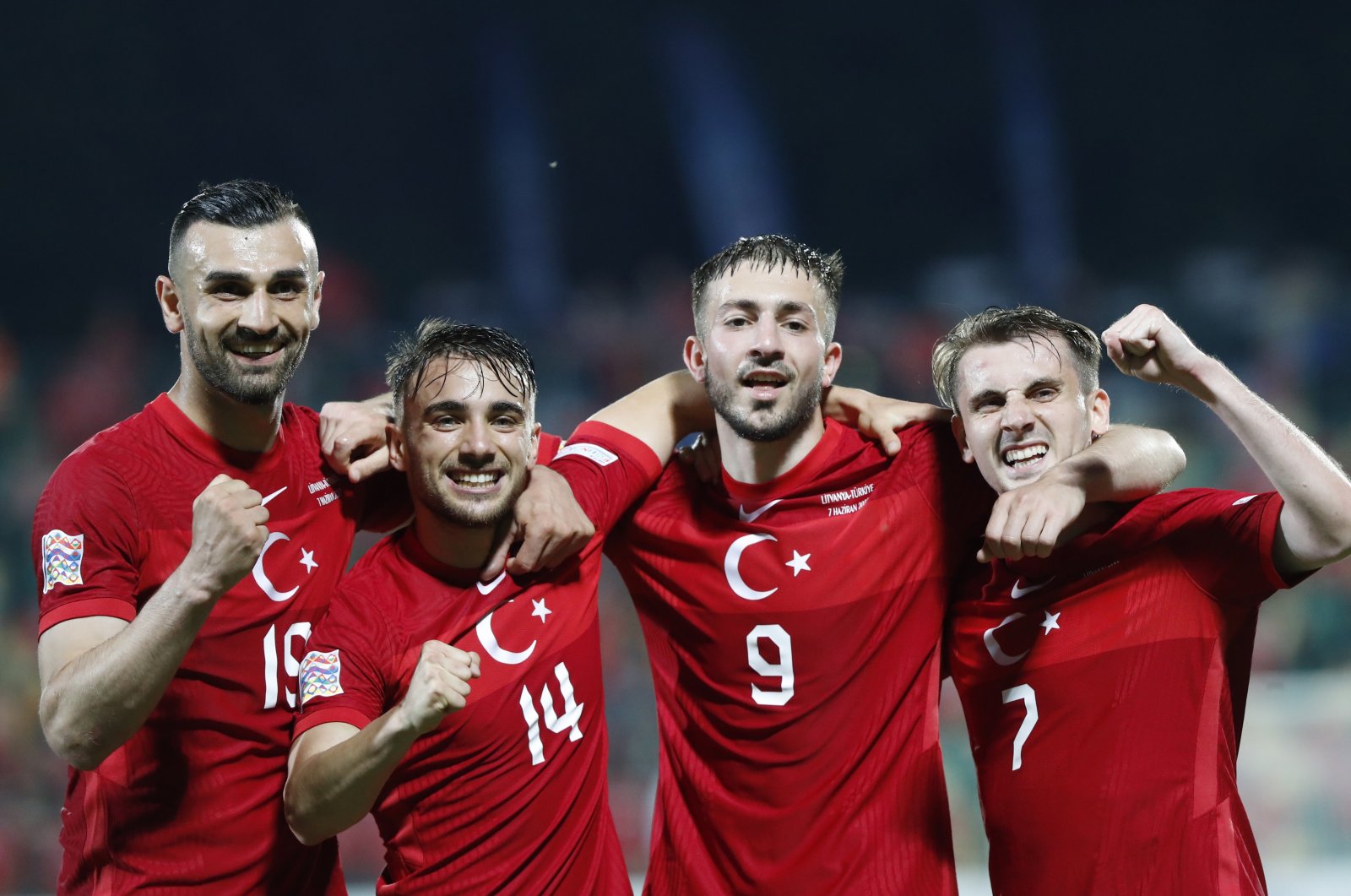 Turkish players celebrate a goal in a UEFA Nations League match against Lithuania, Vilnius, Lithuania, June 7, 2022. (AP Photo)