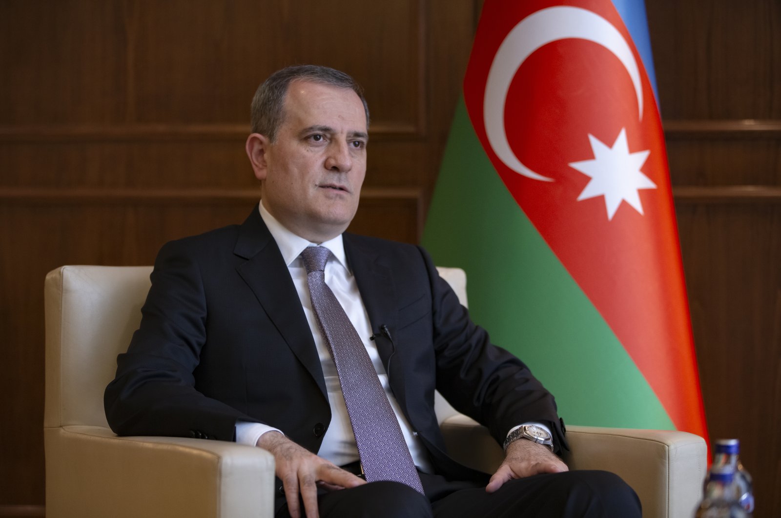 Azerbaijan&#039;s Foreign Minister Jeyhun Bayramov speaks to Anadolu Agency in the capital Ankara, Turkey, June 7, 2022. (AA Photo)