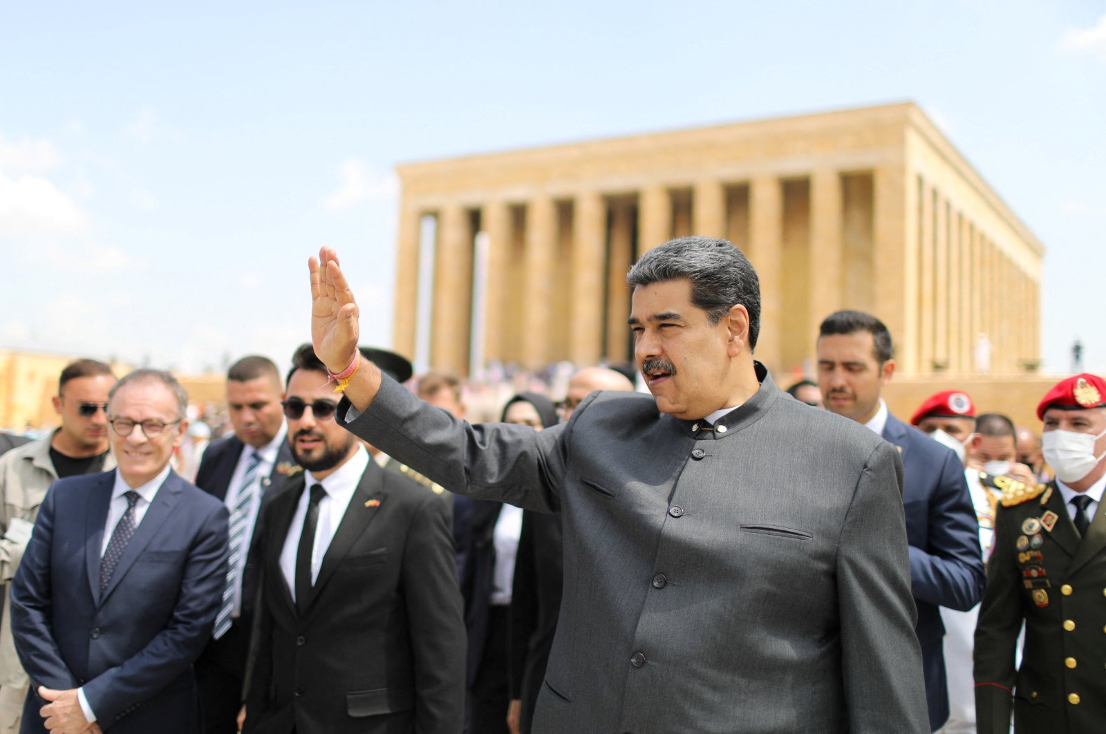 Venezuelan President Nicolas Maduro waves after a visit to Anıtkabir, the mausoleum of Mustafa Kemal Atatürk, founder of modern Turkey, as part of a two-day official visit, in Ankara, Turkey, June 8, 2022. (Reuters)