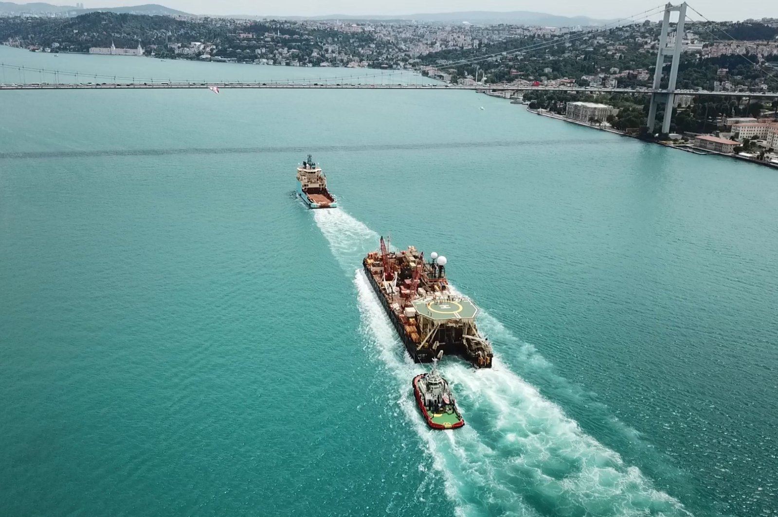 Pipelay vessel Castoro 10 sails in the Bosporus on its way to the Black Sea, Istanbul, Turkey, June 6, 2022. (DHA Photo)