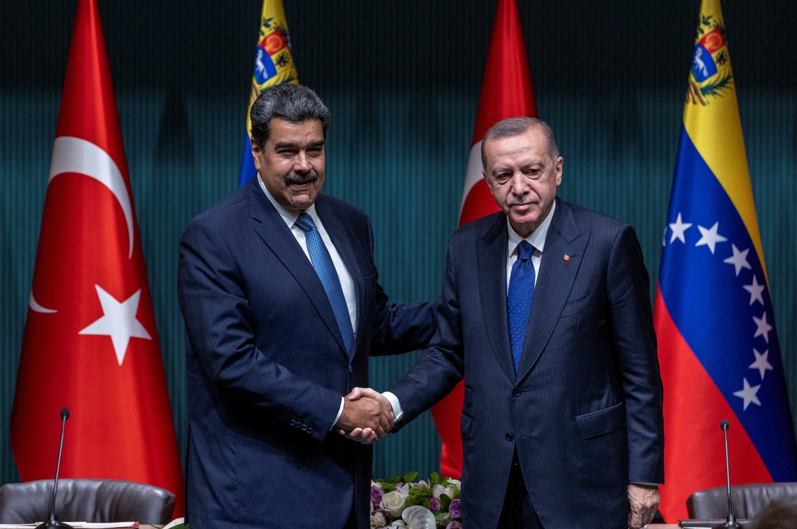 President Tayyip Erdoğan and Venezuela&#039;s President Nicolas Maduro pose after a joint news conference after their meeting in Ankara, Turkey, June 8, 2022. (Reuters Photo)