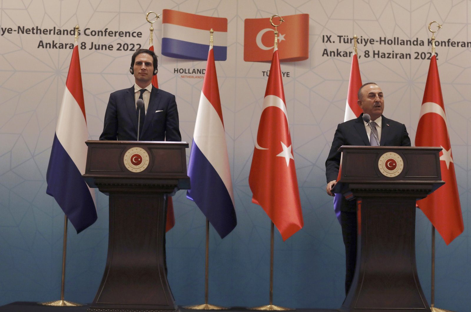 Turkish Foreign Minister Mevlut Cavusoglu (R) and Wopke Hoekstra, Minister of Foreign Affairs of the Kingdom of the Netherlands, speak to the media after the ninth meeting of the Turkish-Dutch Bilateral (Wittenburg) Conference, in Ankara, Turkey, Wednesday, June 8, 2022. (AP Photo/Burhan Ozbilici)