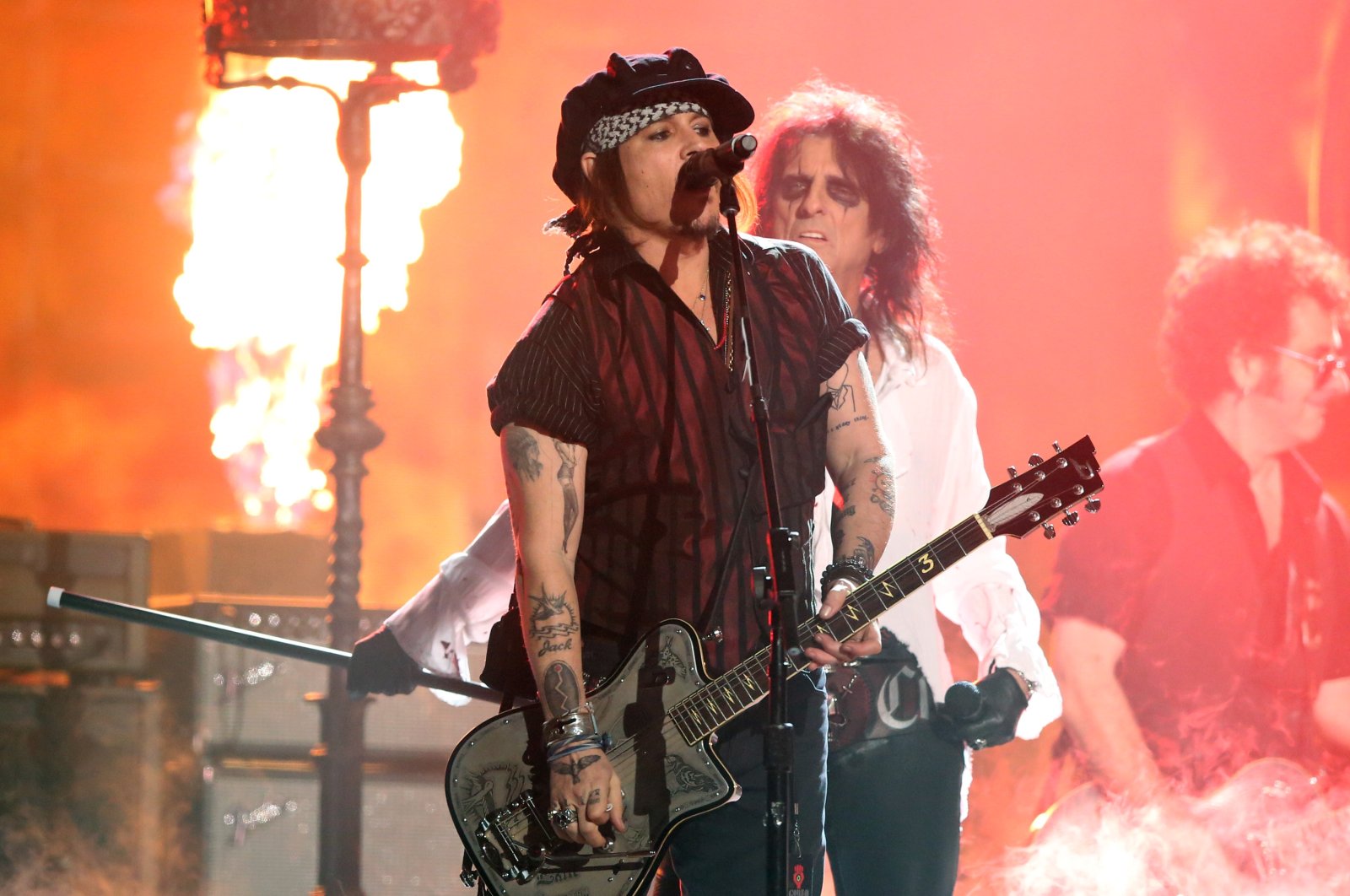 Johnny Depp of the Hollywood Vampires performs at the 58th annual Grammy Awards, Feb. 15, 2016, Los Angeles, California, U.S. (AP Photo)