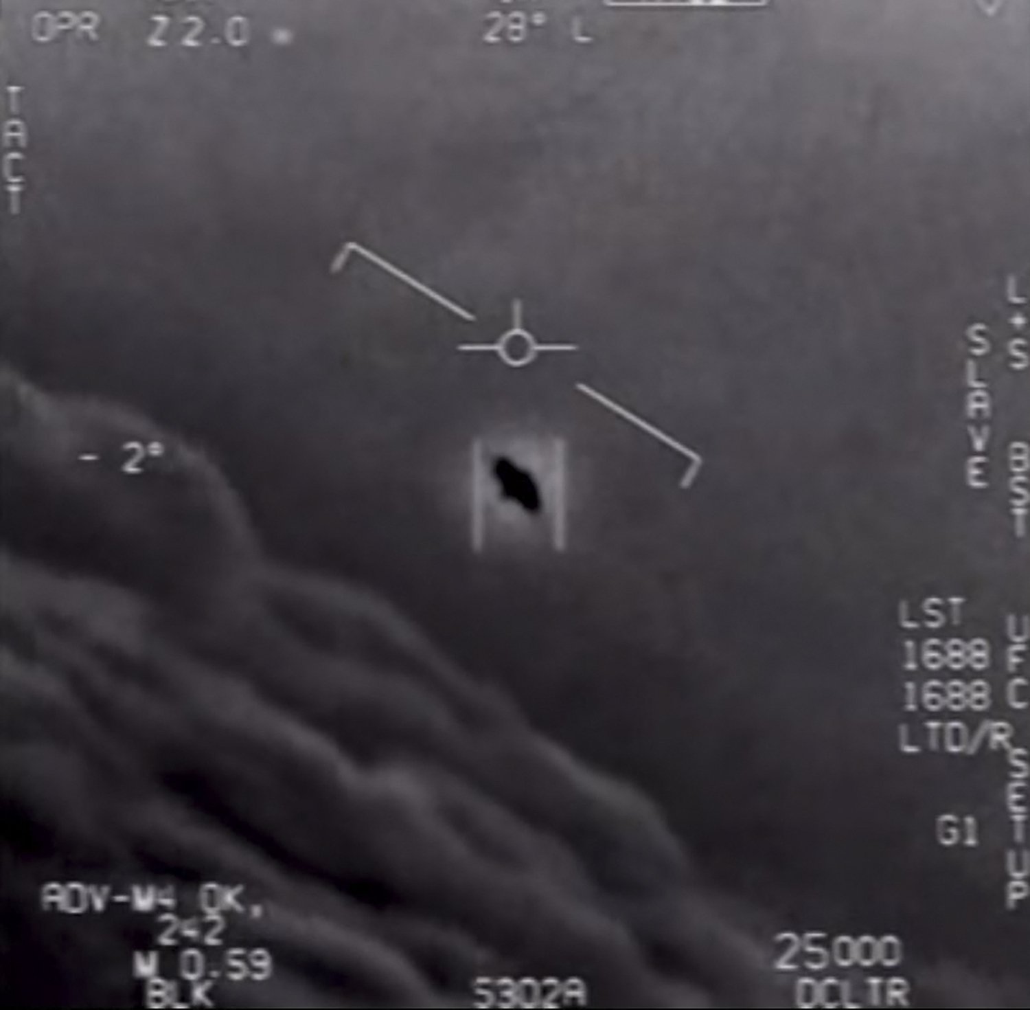 The video grab image courtesy of the U.S. Department of Defense shows part of an unclassified video taken by Navy pilots that have circulated for years showing interactions with 'unidentified aerial phenomena,' April 28, 2020. (AP Photo)