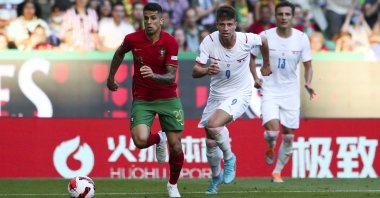 Portugal's Joao Cancelo (L) in action with Czech Republic's Adam Hlozek during a UEFA Nations League match, Lisbon, Portugal, June 9, 2022. (EPA Photo)