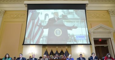 A video of U.S. former President Donald Trump speaking during a rally near the White House on Jan. 6, 2021, is shown as committee members during a public hearing of the House select committee investigating the attack on Capitol Hill, Washington, U.S., June 9, 2022. (AP Photo)