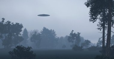 Illustration of UFO hovering over trees. (Shutterstock Photo)