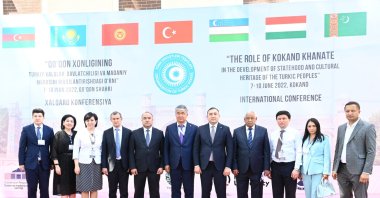 Participants at the "Role of the Kokand Khanate in the Development of Statehood and Cultural Heritage of the Turkic Peoples" conference held in Kokand, Uzbekistan, June 6, 2022. (TURKSOY via AA Photo)