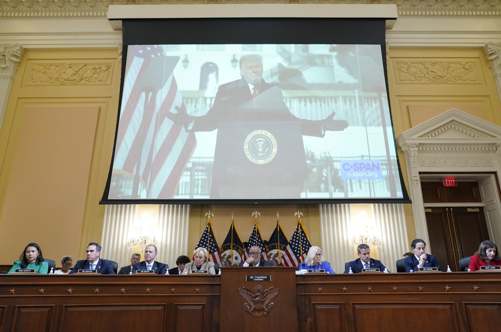 A video of U.S. former President Donald Trump speaking during a rally near the White House on Jan. 6, 2021, is shown as committee members during a public hearing of the House select committee investigating the attack on Capitol Hill, Washington, U.S., June 9, 2022. (AP Photo)