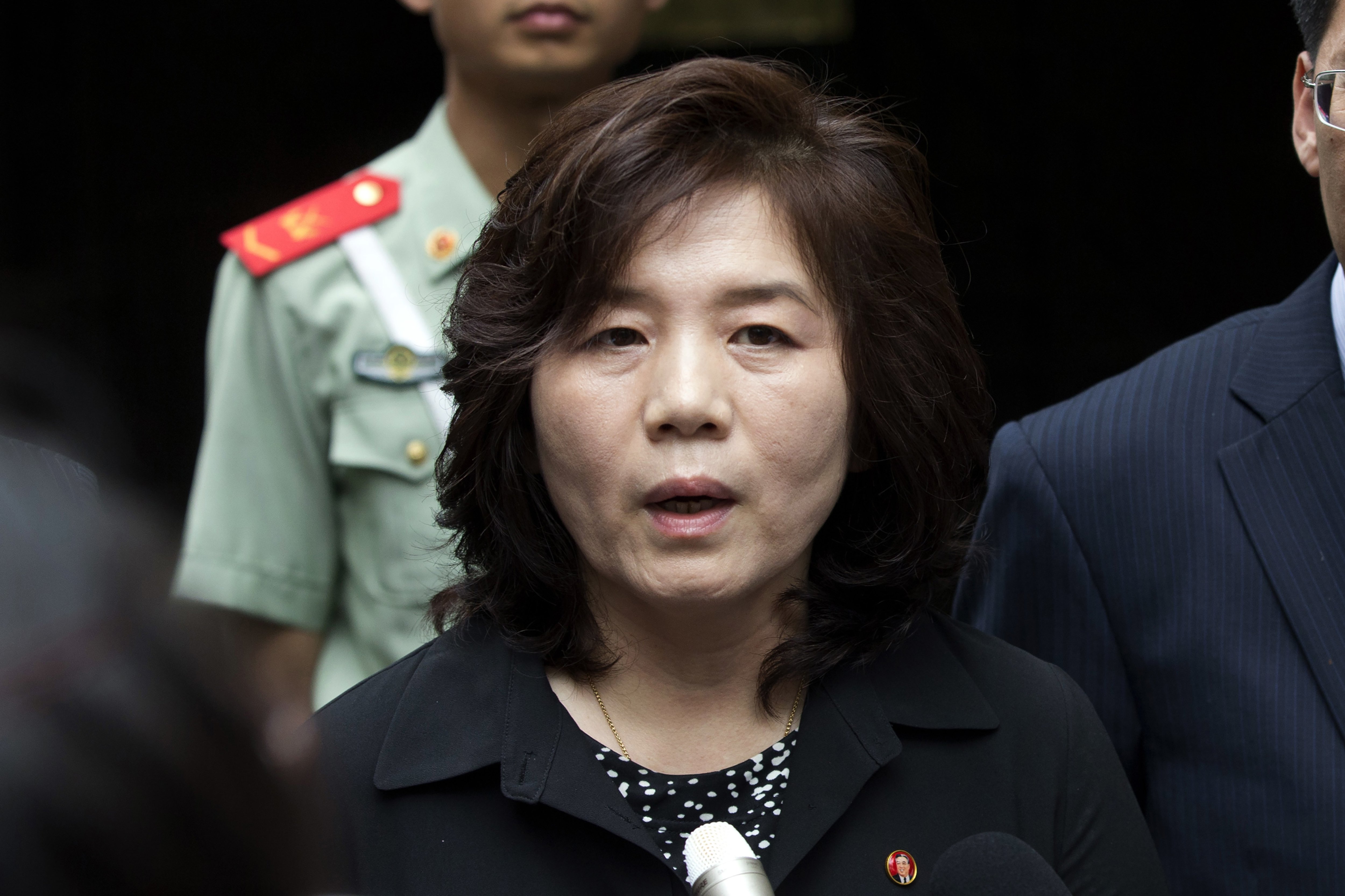 Choe Son Hui, deputy director general of the Department of U.S. Affairs of North Korea Foreign Ministry, briefs journalists outside the North Korean embassy in Beijing, China, June 23, 2016. (AP File Photo)