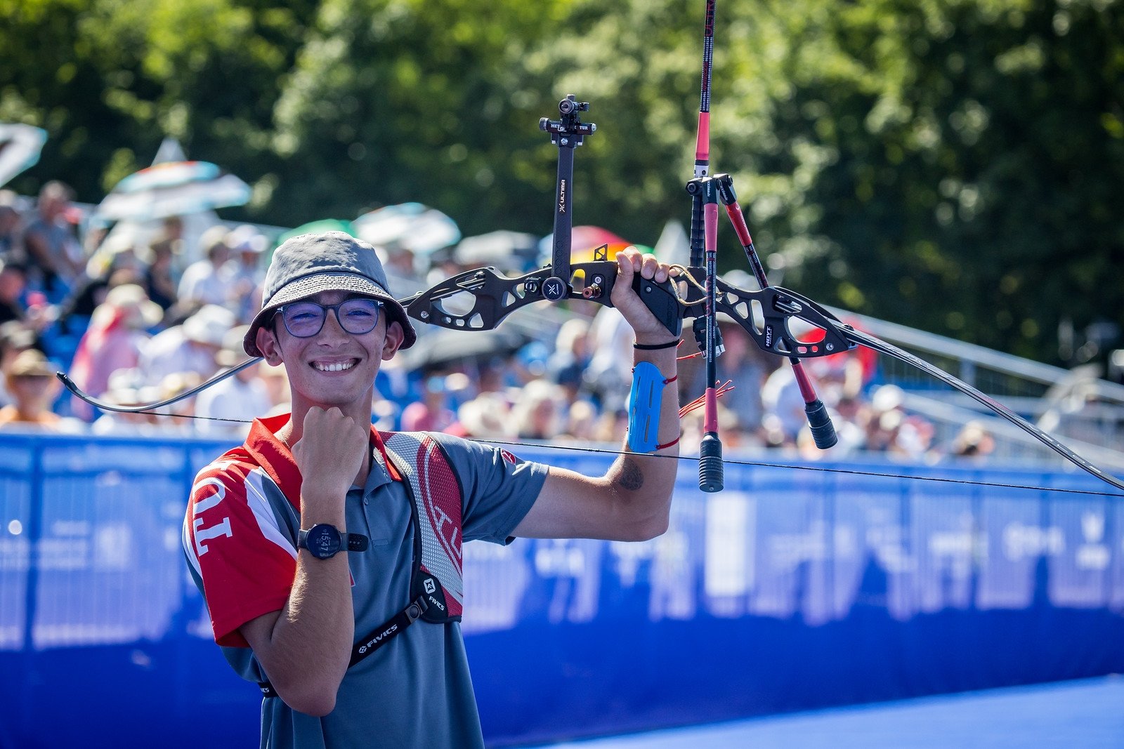 Peraih medali emas Olimpiade Turki Mete Gazoz bereaksi selama acara busur recurve putra di Kejuaraan Panahan Eropa 2022, 11 Juni, Munich, Jerman.  (Foto Archeryeurope.org)