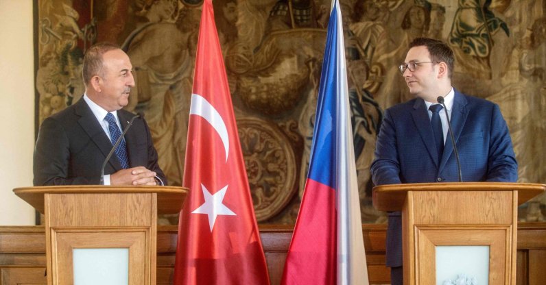Czech Foreign Minister Jan Lipavsky (R) looks on next to his Turkish counterpart Mevlüt Çavuşoğlu during their joint press conference in Prague, Czech Republic, June 11, 2022. (AFP Photo)