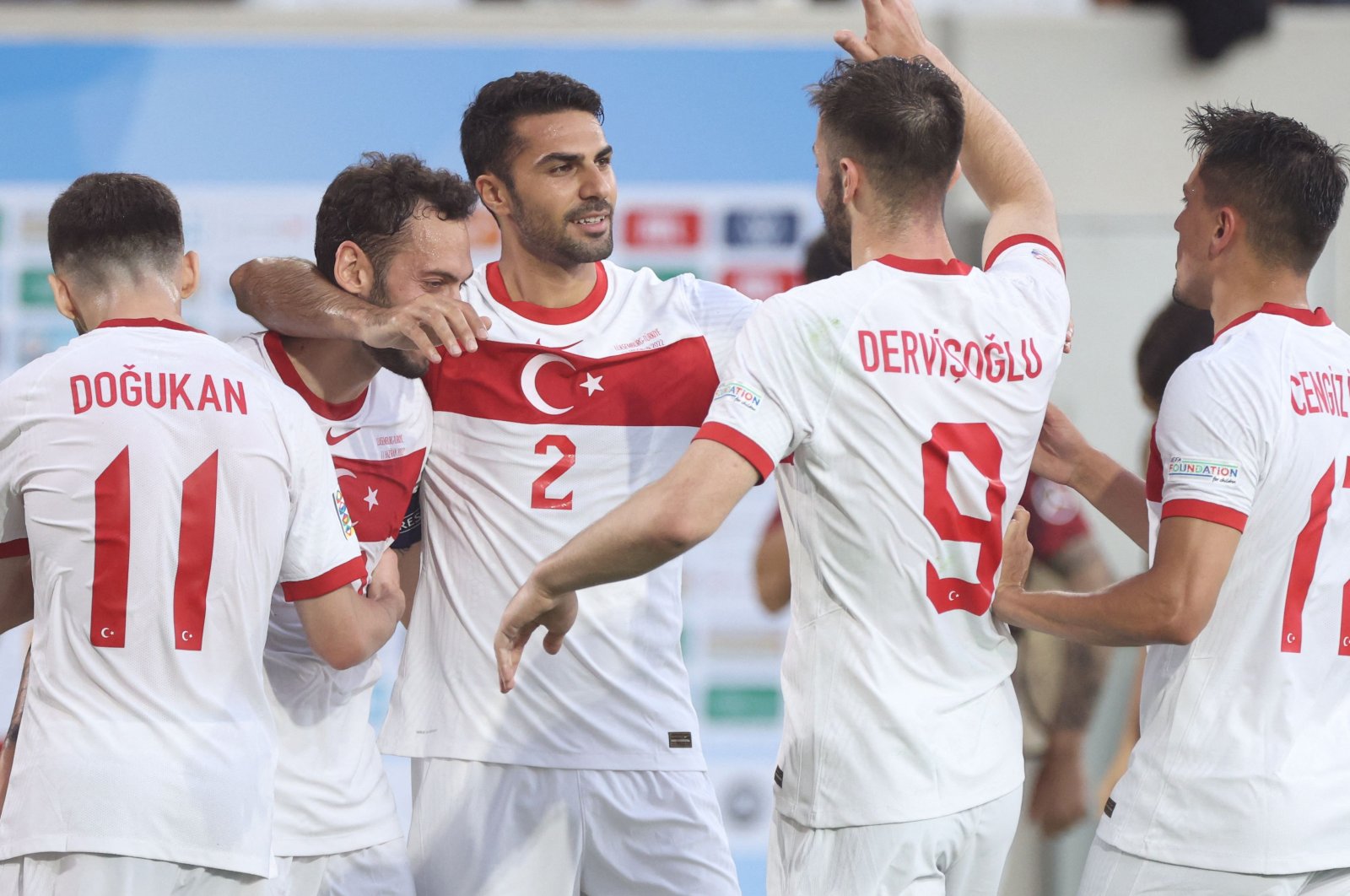 Turkish players celebrate a goal in a UEFA Nations League match against Luxembourg in Luxembourg City, June 11, 2022. (AFP Photo)