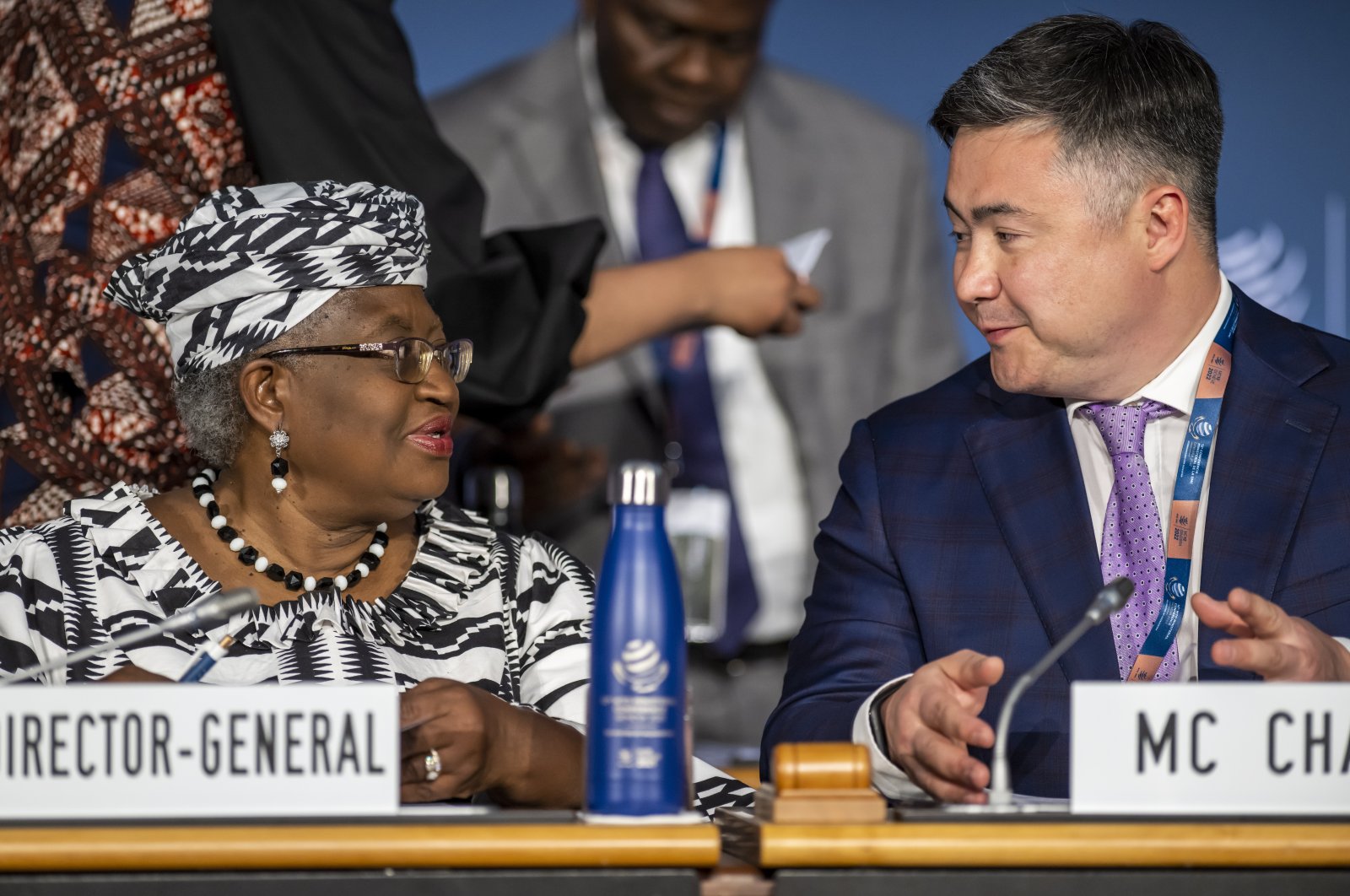 Director-General of the World Trade Organization Ngozi Okonjo-Iweala (L) and MC12 Chair Timur Suleimenov speak at the opening ceremony of the 12th Ministerial Conference at the headquarters of the World Trade Organization, Geneva, Switzerland, June 12, 2022. (EPA Photo)