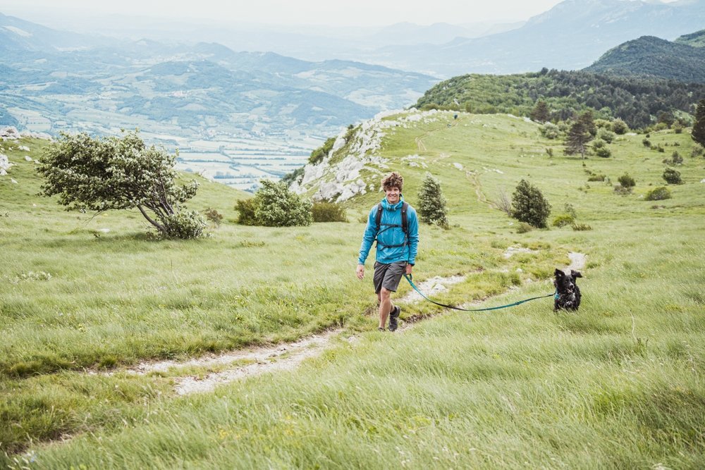Seorang pria muda mendaki dengan seekor anjing di lanskap gunung yang indah.  (Foto Shutterstock)