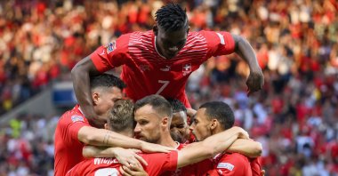 Switzerland players celebrate a goal in a UEFA Nations League match against Portugal, Geneva, Switzerland, June 12, 2022. (AP Photo)