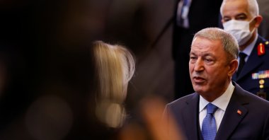Turkey's Defense Minister Hulusi Akar attends a NATO Defense Ministers meeting in Brussels, Belgium, March 16, 2022. (Reuters Photo)