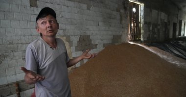 Farmer Serhii gestures while standing near a mound of grain in his barn in the village of Ptyche in the eastern Donetsk region, Ukraine, June 12, 2022. (AP Photo)