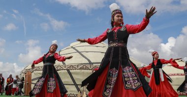 Kyrgyz traditional dancers perform at the 5th Ethnosports Culture Festival, Istanbul, Turkey, June 12, 2022. (AA Photo)