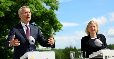 NATO Secretary-General Jens Stoltenberg (L) and Sweden's Prime Minister Magdalena Andersson give a news conference after their meeting, in Harpsund, Sweden, June 13, 2022. (Reuters Photo)