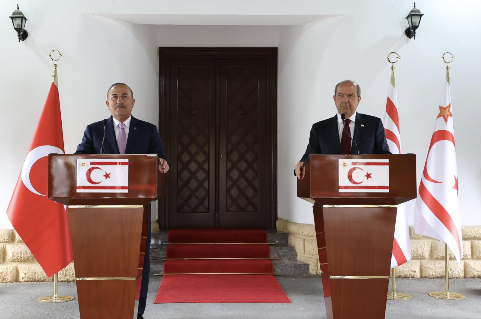 Foreign Minister Mevlüt Çavuşoğlu and TRNC President Ersin Tatar hold a joint news conference in Lefkoşa, Turkish Cyprus, June 13, 2022. (AA Photo)