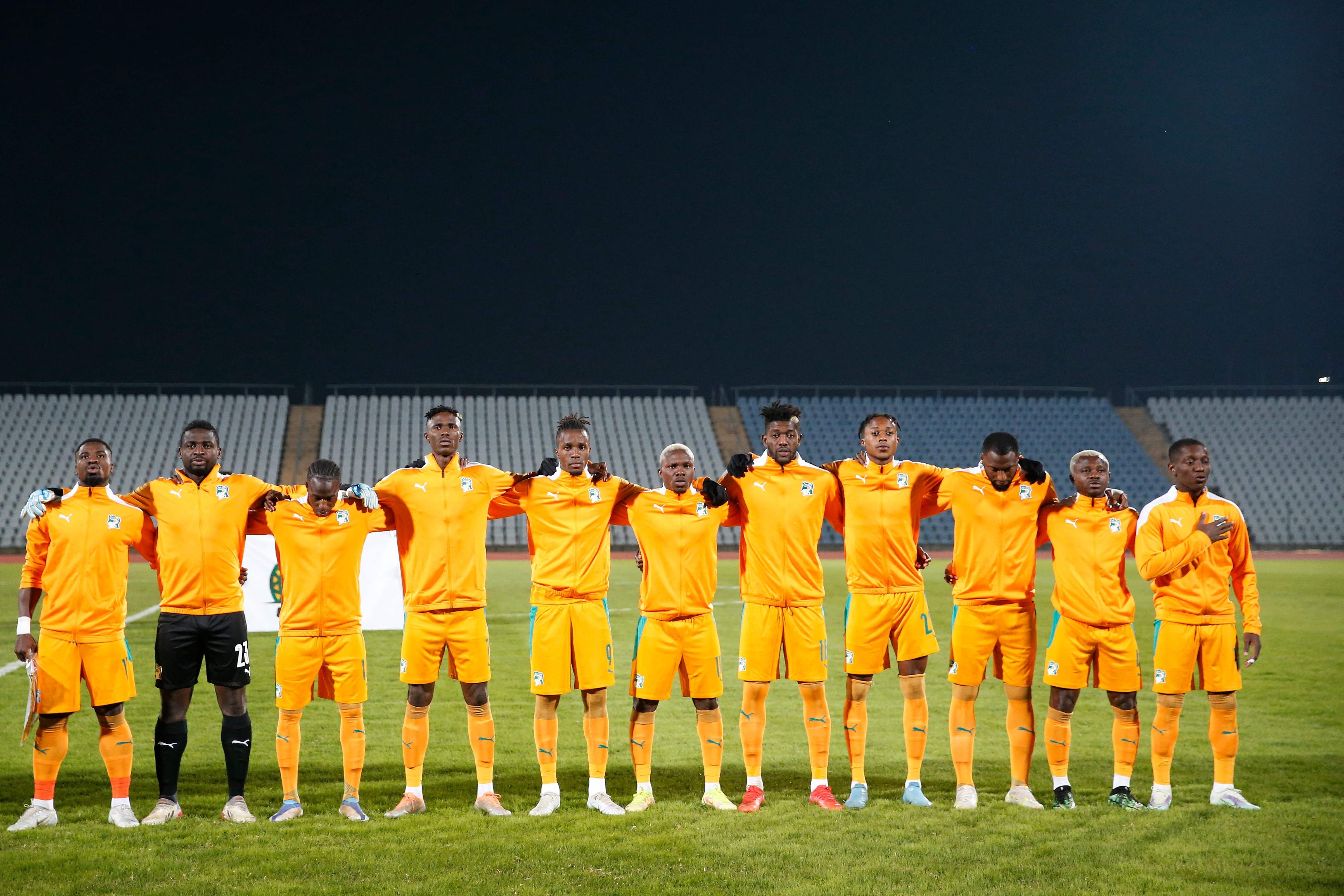 Ivory Coast national football team sing their national anthem during the 2023 Africa Cup of Nations Group H qualifying match against Lesotho played in Soweto, South Africa, June 9, 2022. (AFP PHOTO)