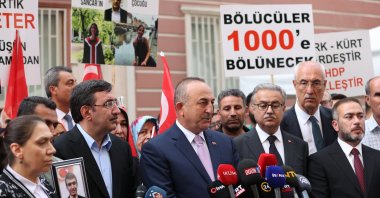 Foreign Minister Mevlüt Çavuşoğlu visits the Diyarbakır parents protesting in front of pro-PKK HDP headquarters, June 13, 2022. (AA Photo)