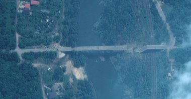 A satellite image shows the damaged Pavlograd Bridge in western Severodonetsk, Ukraine, June 11, 2022. (Maxar Technologies via Reuters)