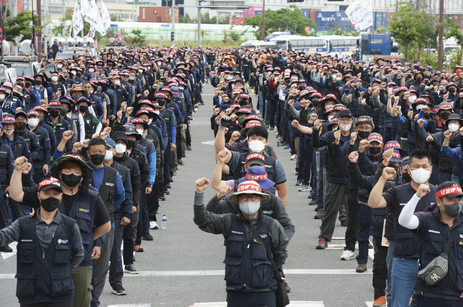 Members of the Cargo Truckers Solidarity stage a rally in Ulsan, South Korea, June 13, 2022. (AP Photo)