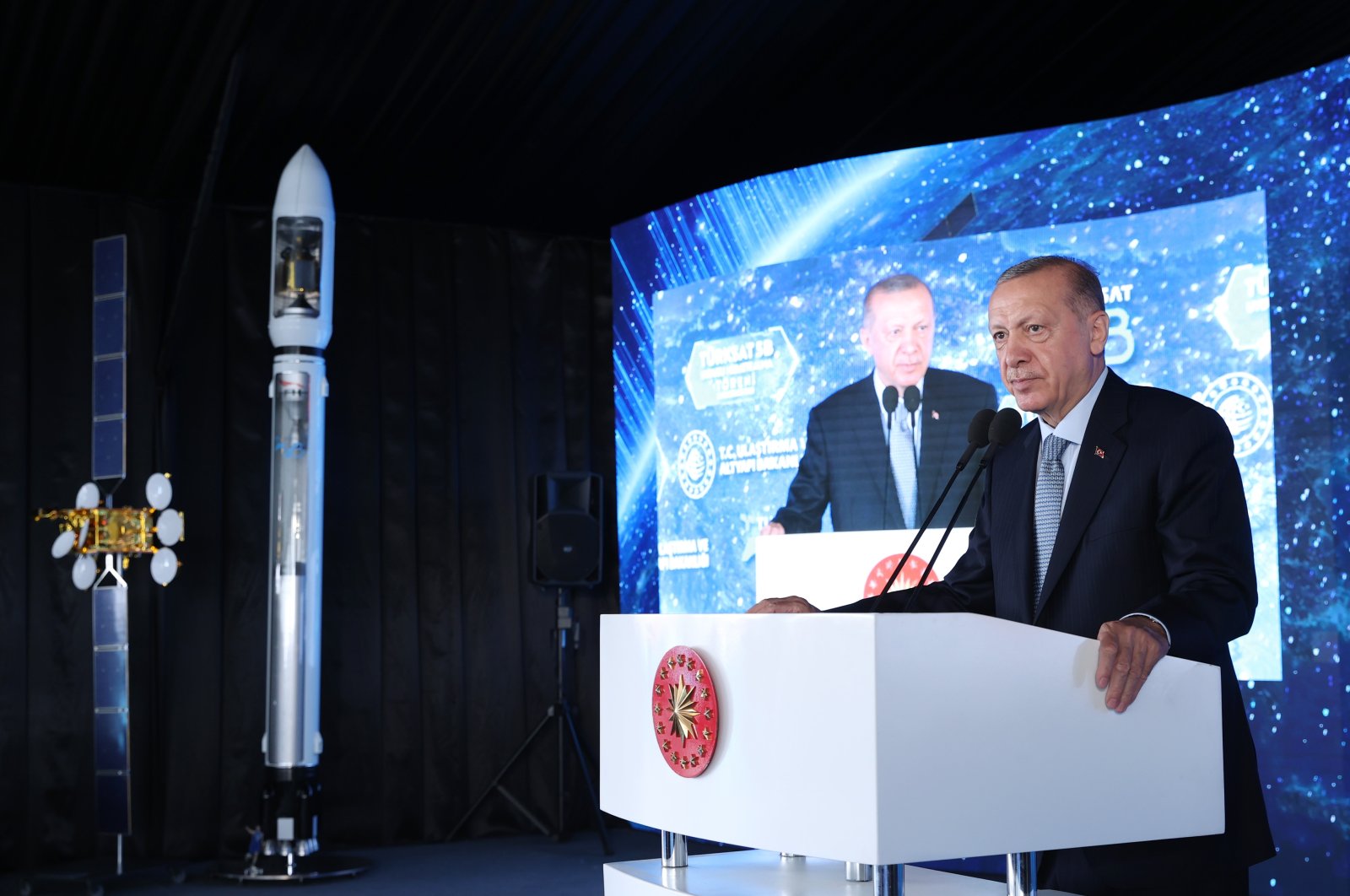 President Recep Tayyip Erdoğan speaks during a ceremony to put into service Turkey&#039;s new communication satellite Türksat 5B, Ankara, Turkey, June 14, 2022. (AA Photo)