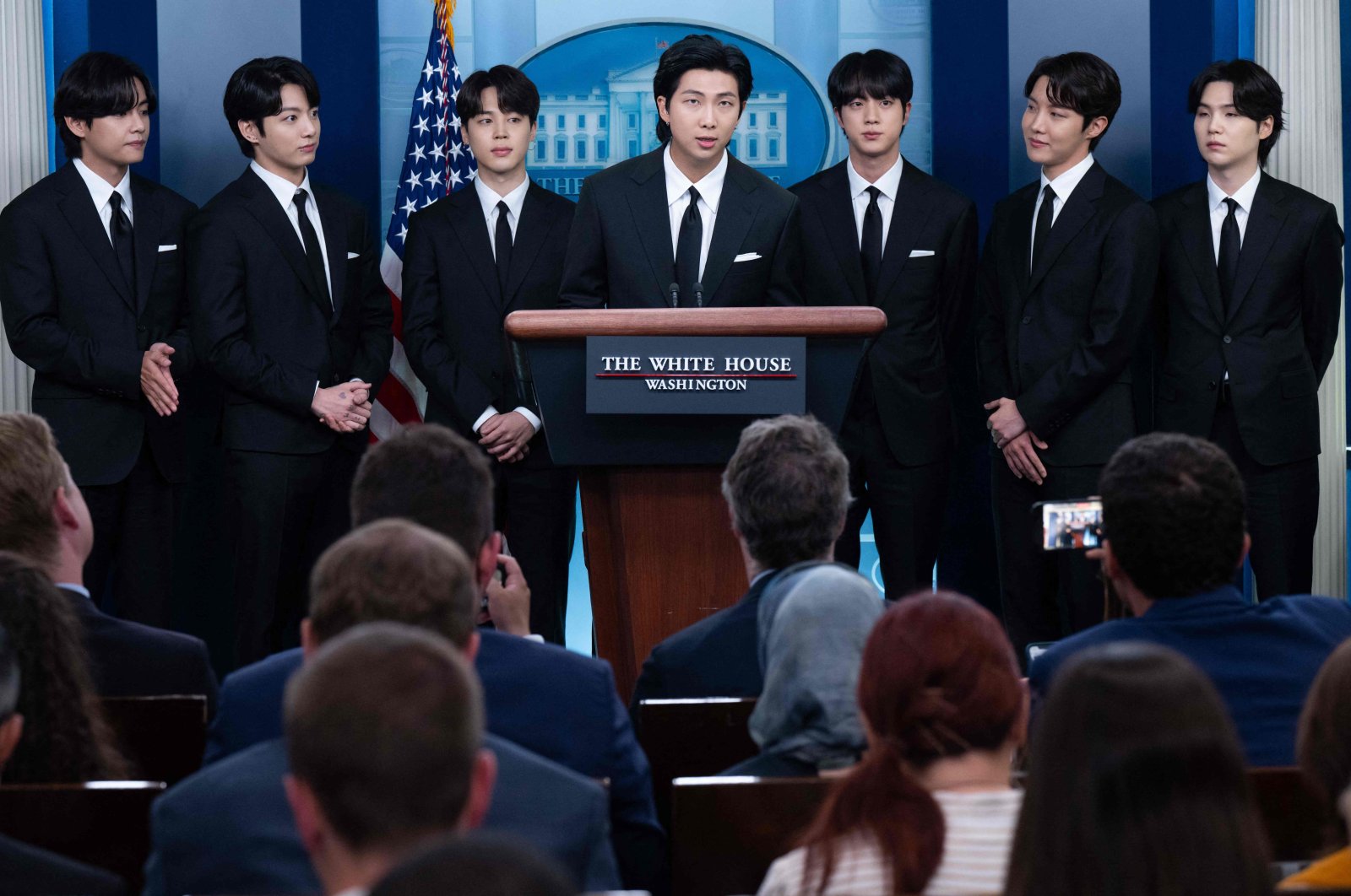 Korean band BTS appears at the daily press briefing in the Brady Press Briefing of the White House in Washington, D.C., U.S., May 31, 2022. (AFP Photo)