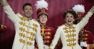 Hugh Jackman (L), Sutton Foster (R), and the cast of "The Music Man" perform at the 75th Tony Awards at Radio City Music Hall in New York, U.S., June 12, 2022. (AP)