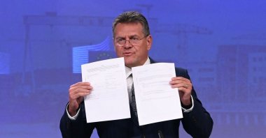 European Commission Vice President Maros Sefcovic gives a press conference at the EU headquarters in Brussels, Belgium, June 15, 2022. (AFP Photo)