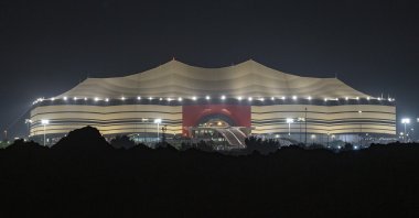 A general view of the World Cup venue Al Bayt Stadium, which was inspired by the traditional Bedouin tents, Al Khor, Qatar, Dec. 6, 2021. (AP Photo)