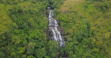 An aerial view shows the Murombodzi Falls at the Gorongosa mountain range in Gorongosa, Mozambique, May 20, 2022. (AFP Photo)