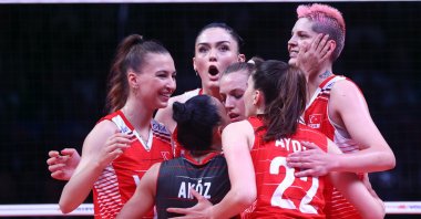 Turkish players celebrate during an FIVB Nations League match against Belgium, Ankara, Turkey, June 5, 2022. (AA Photo)