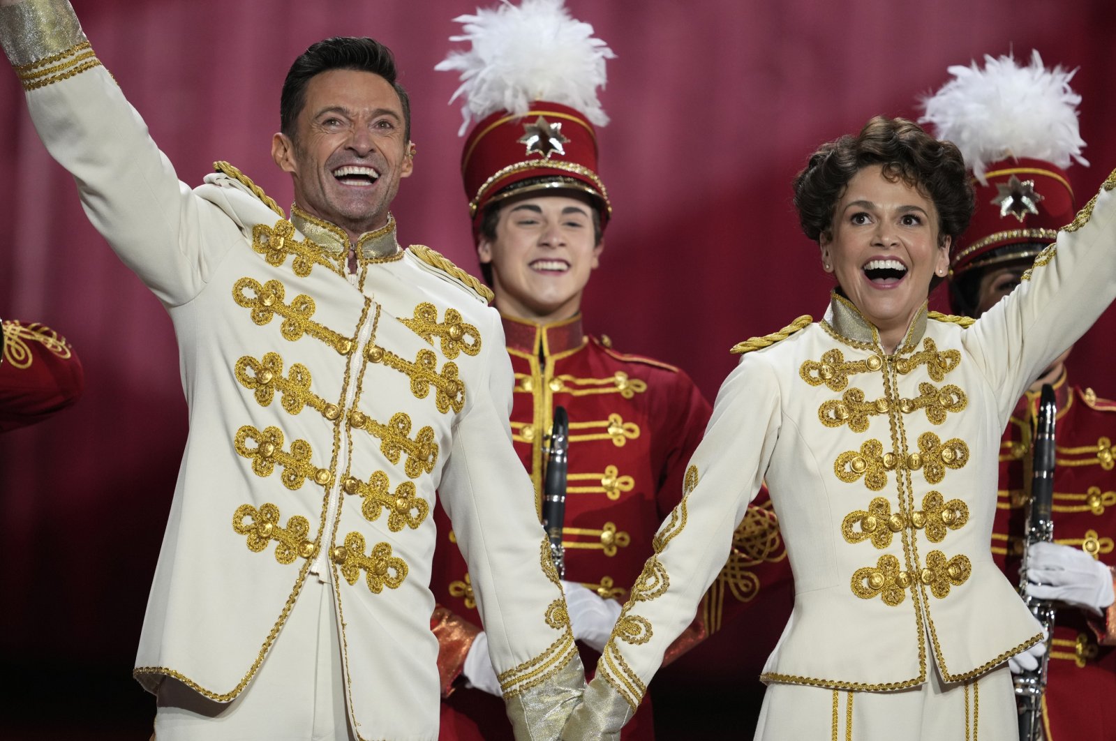 Hugh Jackman (L), Sutton Foster (R), and the cast of &quot;The Music Man&quot; perform at the 75th Tony Awards at Radio City Music Hall in New York, U.S., June 12, 2022. (AP)