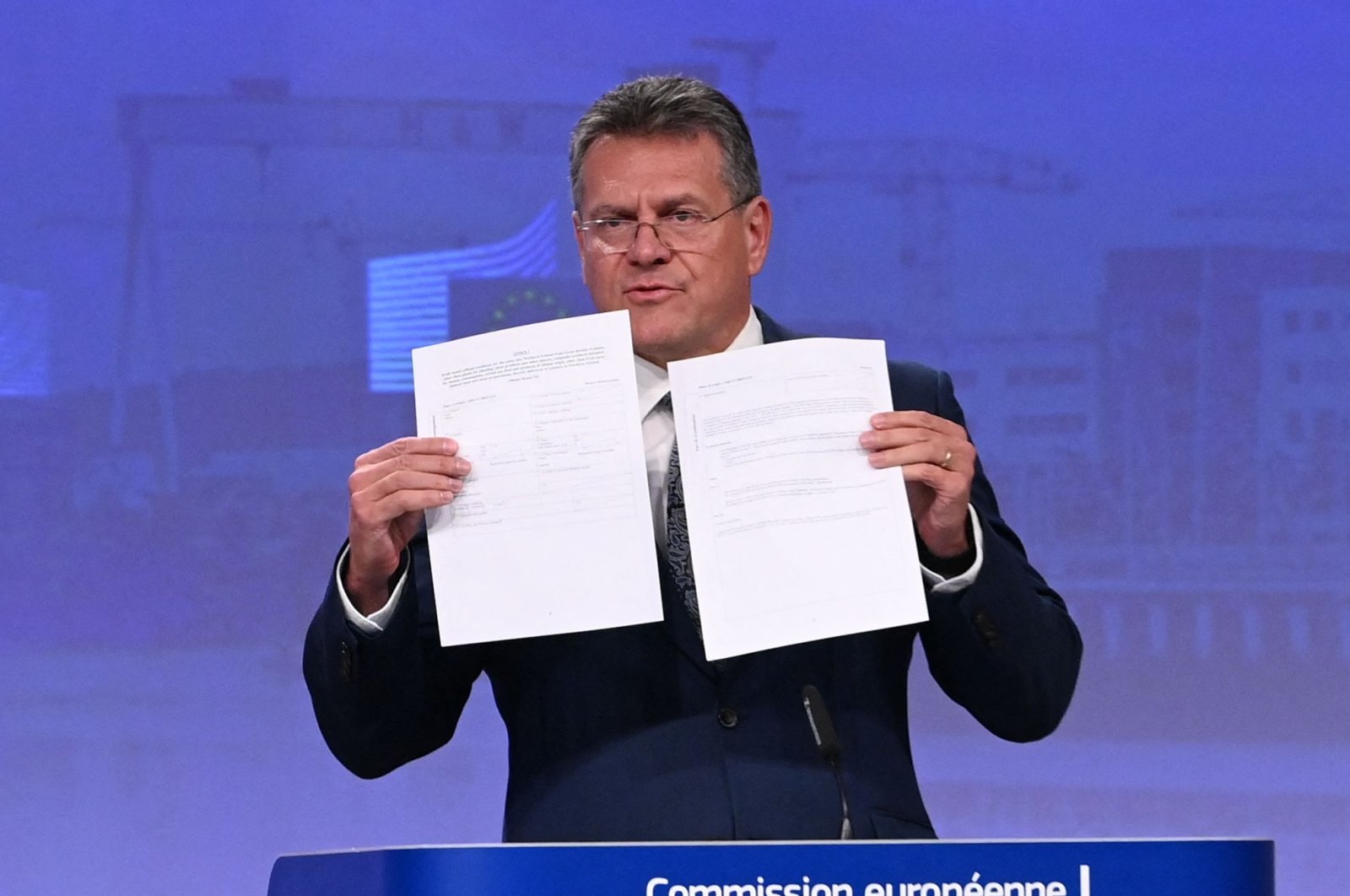 European Commission Vice President Maros Sefcovic gives a press conference at the EU headquarters in Brussels, Belgium, June 15, 2022. (AFP Photo)