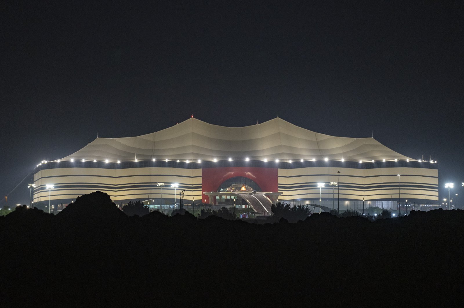 A general view of the World Cup venue Al Bayt Stadium, which was inspired by the traditional Bedouin tents, Al Khor, Qatar, Dec. 6, 2021. (AP Photo)