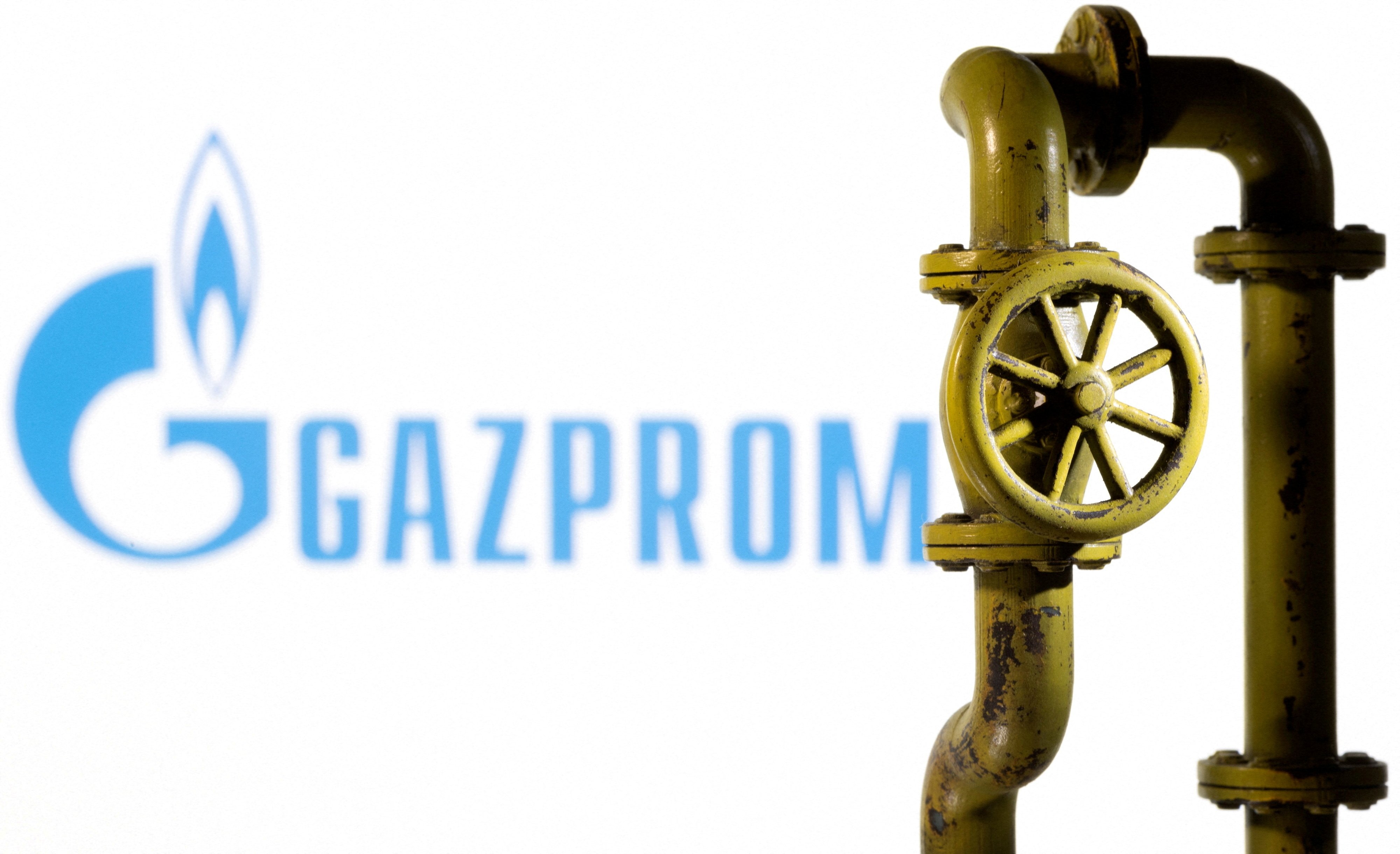 A 3D printed natural gas pipeline is placed in front of displayed Gazprom logo in this illustration taken Feb. 8, 2022. (REUTERS File Photo)