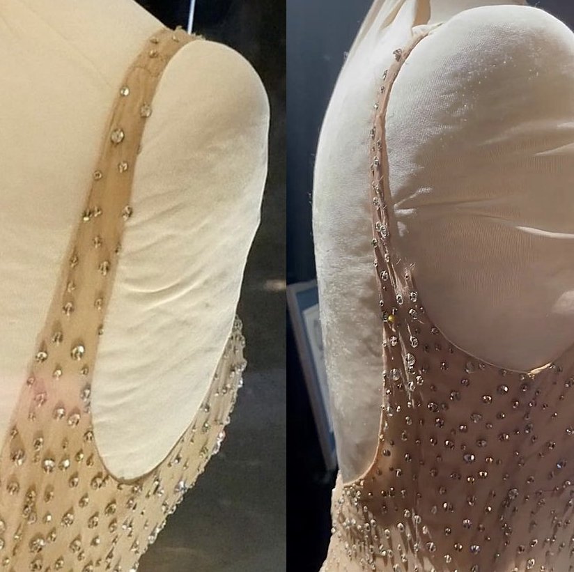 Gaun Marilyn Monroe yang diposting oleh kolektor Scott Fortner menunjukkan robekan di sepanjang penutup belakang, dan bahkan cyrstals dan payet yang hilang, beberapa dibiarkan tergantung oleh seutas benang, 14 Juni 2022. (Dari Instagram / @dietprada)